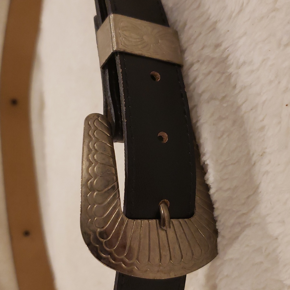 Women's Black Leather Belt with Silver Buckle, 37" Long